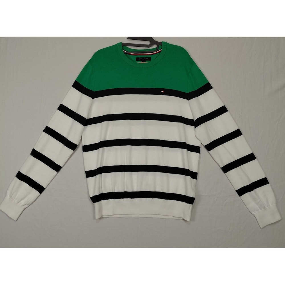 Tommy Hilfiger Sweater Mens Sz M Knit Striped Green Navy White Preppy Crest Logo - Picture 2 of 14